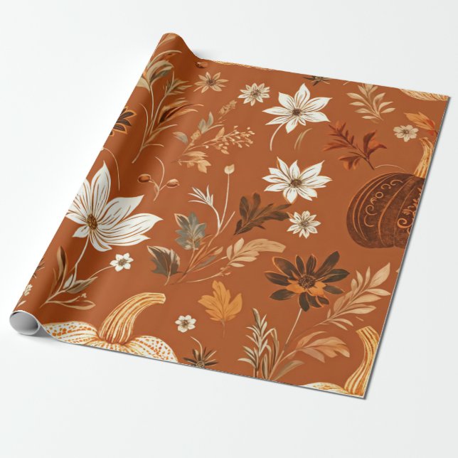 Pumpkin Watercolor Fall & Autumn Thanksgiving Wrapping Paper (Unrolled)