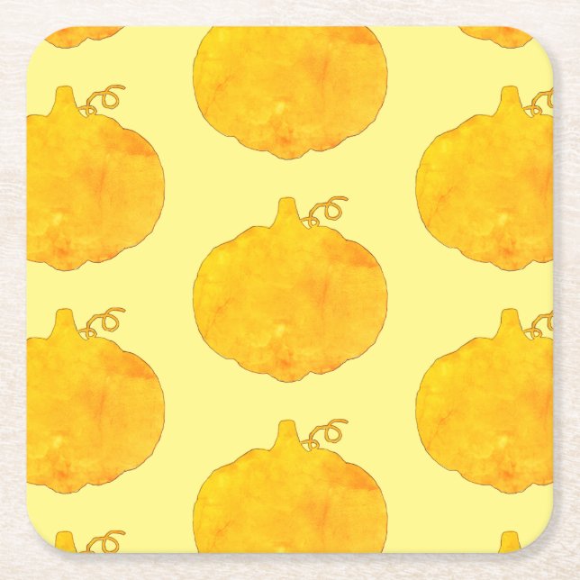 Pumpkin Watercolor Pattern Painting Square Paper Coaster (Front)