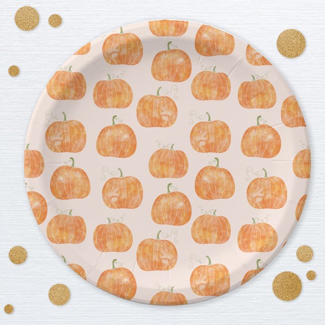 Pumpkin Watercolor Pattern Paper Plate (Pumpkin pattern watercolor autumn fall party paper plate)