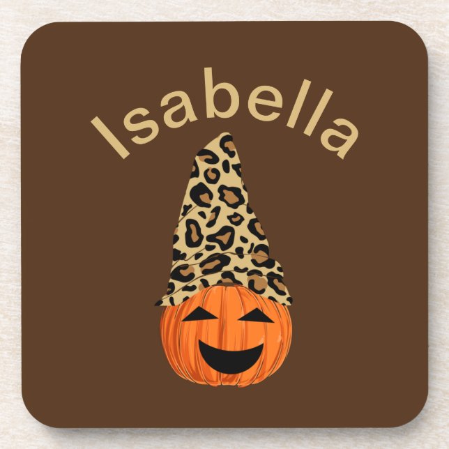 Pumpkin Wearing A Leopard Hat Coaster (Front)