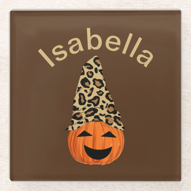 Pumpkin Wearing A Leopard Hat Glass Coaster (Front)