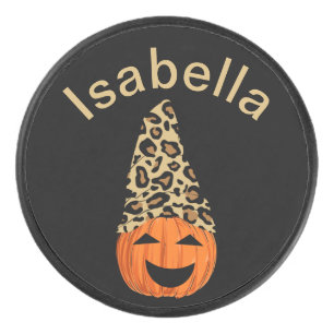 Pumpkin Wearing A Leopard Hat Hockey Puck