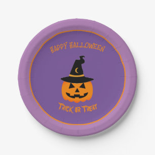 Pumpkin Wearing A Witch's Hat Happy Halloween Paper Plate
