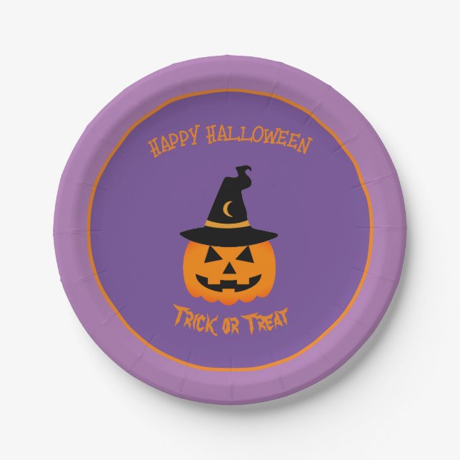 Pumpkin Wearing A Witch's Hat Happy Halloween  Paper Plate (Front)