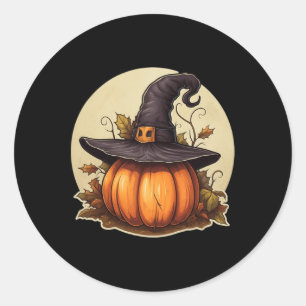 Pumpkin Wearing Witch Hat Costume Halloween Classic Round Sticker