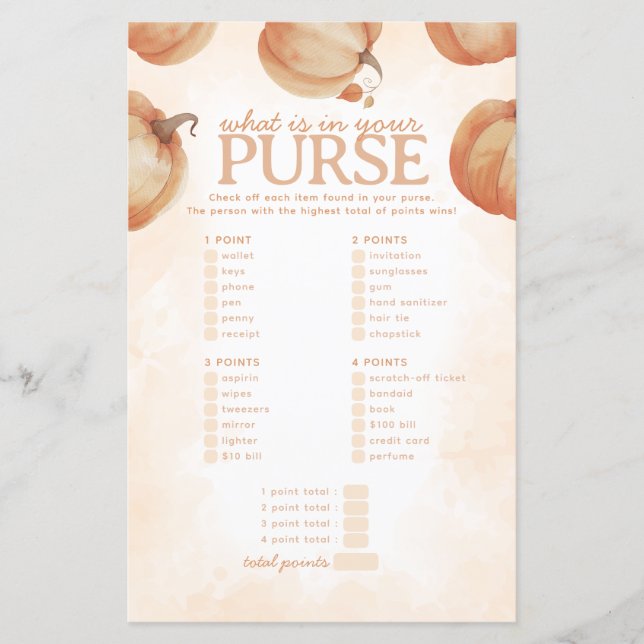 Pumpkin What is in Your Purse Baby Shower Game (Front)