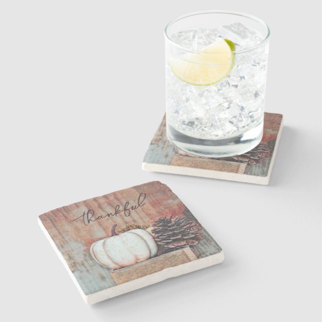 Pumpkin White Autumn Rustic Farmhouse Thankful Stone Coaster (Side)