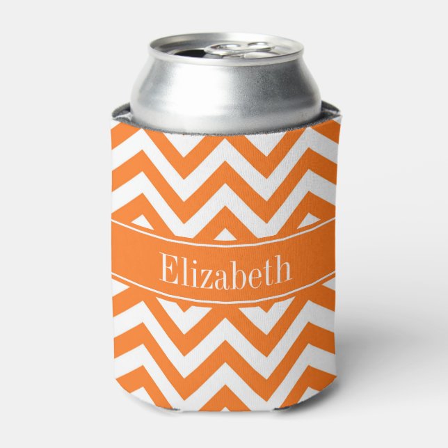 Pumpkin White Chevron, Pumpkin Name Monogram Can Cooler (Can Front)