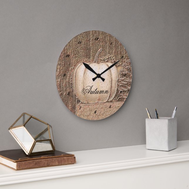 Pumpkin White Gold Metallic Elegant Fall Country Large Clock (Office)
