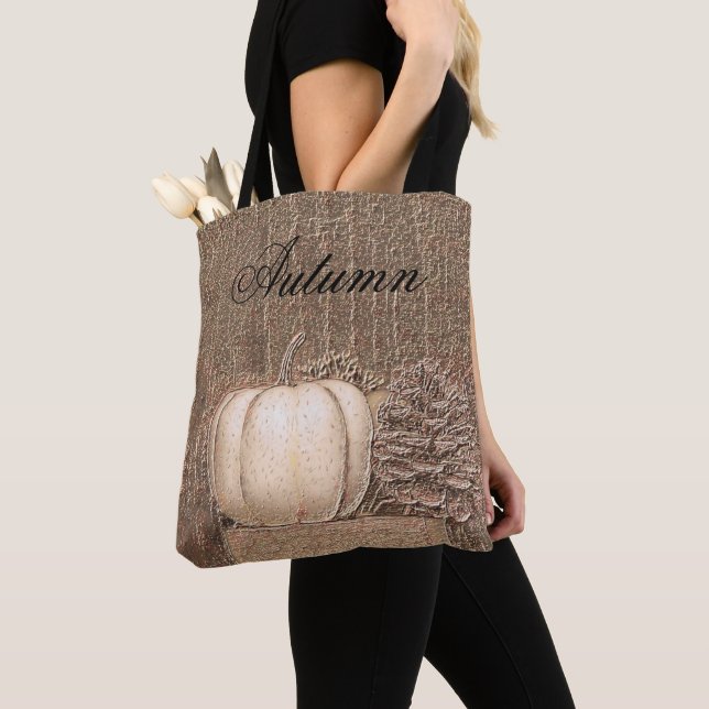 Pumpkin White Gold Metallic Elegant Fall Country Tote Bag (Close Up)