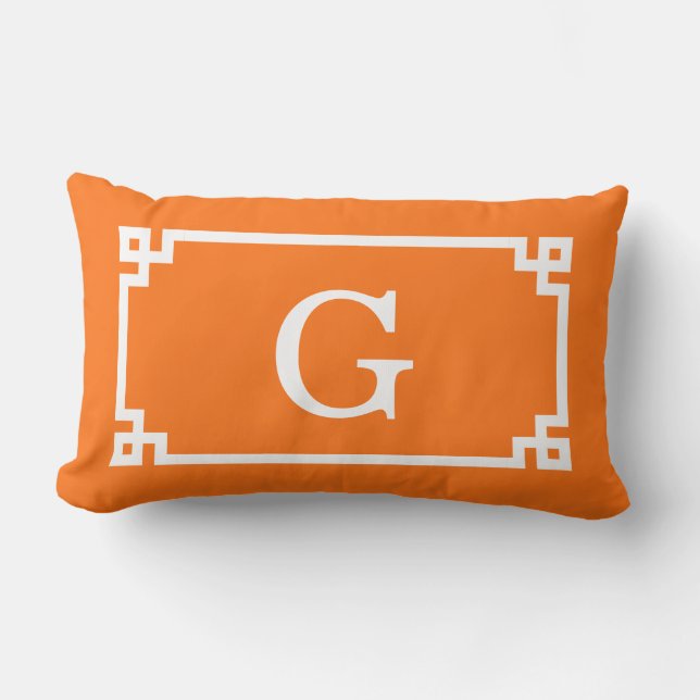 Pumpkin White Greek Key Frame #2 Initial Monogram Lumbar Pillow (Front)