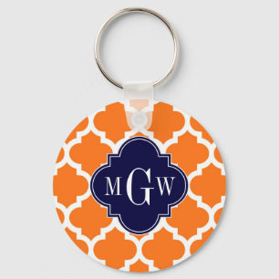 Pumpkin White Moroccan #5 Navy 3 Initial Monogram Keychain