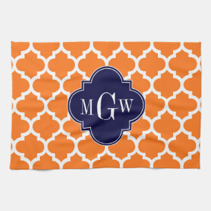 Pumpkin White Moroccan #5 Navy 3 Initial Monogram Kitchen Towel