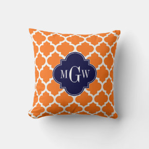 Pumpkin White Moroccan #5 Navy 3 Initial Monogram Throw Pillow