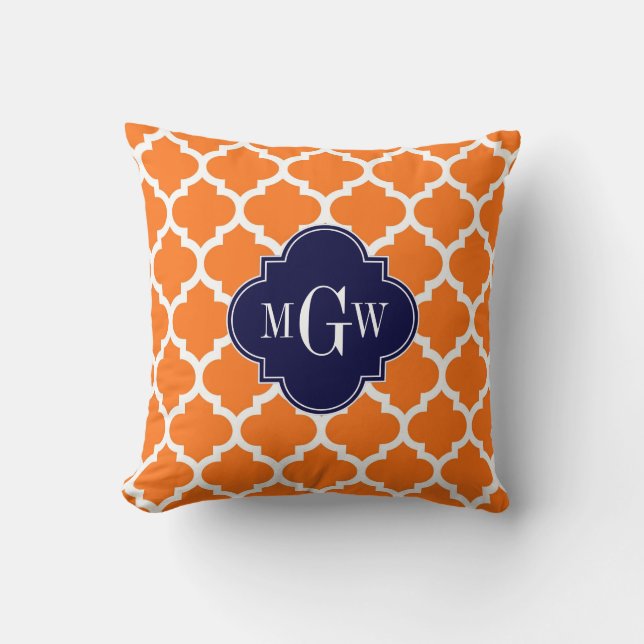 Pumpkin White Moroccan #5 Navy 3 Initial Monogram Throw Pillow (Front)