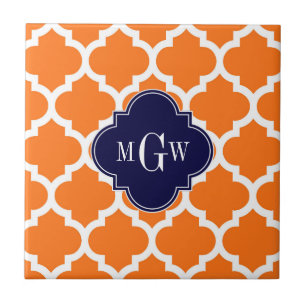 Pumpkin White Moroccan #5 Navy 3 Initial Monogram Tile