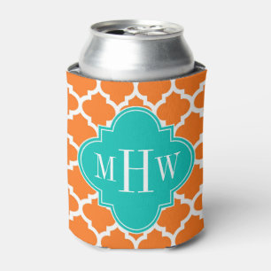 Pumpkin White Moroccan #5 Teal 3 Initial Monogram Can Cooler