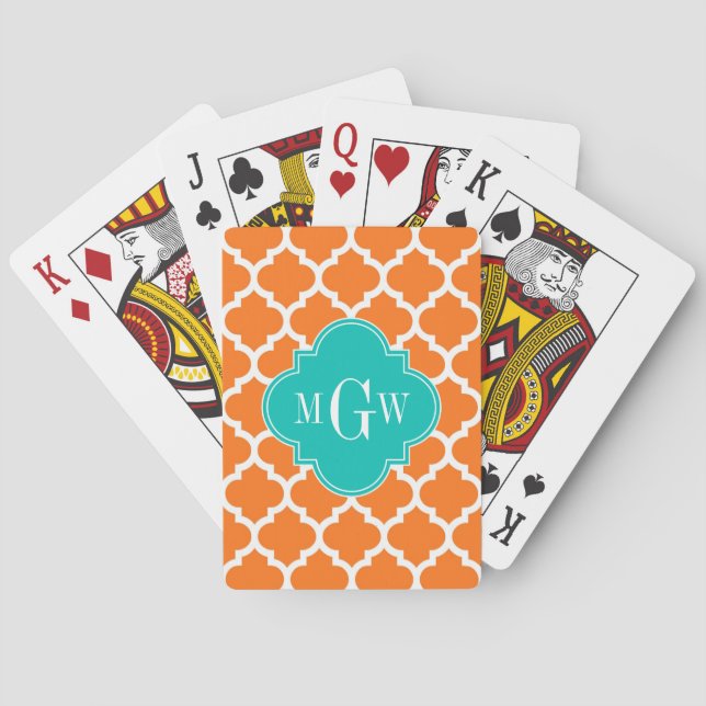 Pumpkin White Moroccan #5 Teal 3 Initial Monogram Playing Cards (Back)