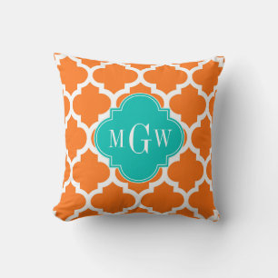 Pumpkin White Moroccan #5 Teal 3 Initial Monogram Throw Pillow