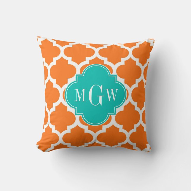 Pumpkin White Moroccan #5 Teal 3 Initial Monogram Throw Pillow (Front)