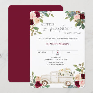 Pumpkin White Truck Burgundy Flowers Baby Shower Invitation
