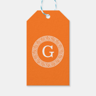Pumpkin Wht Greek Key Rnd Frame Initial Monogram Gift Tags