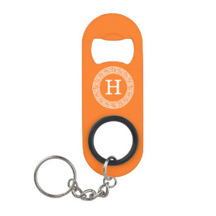 Pumpkin Wht Greek Key Rnd Frame Initial Monogram Keychain Bottle Opener