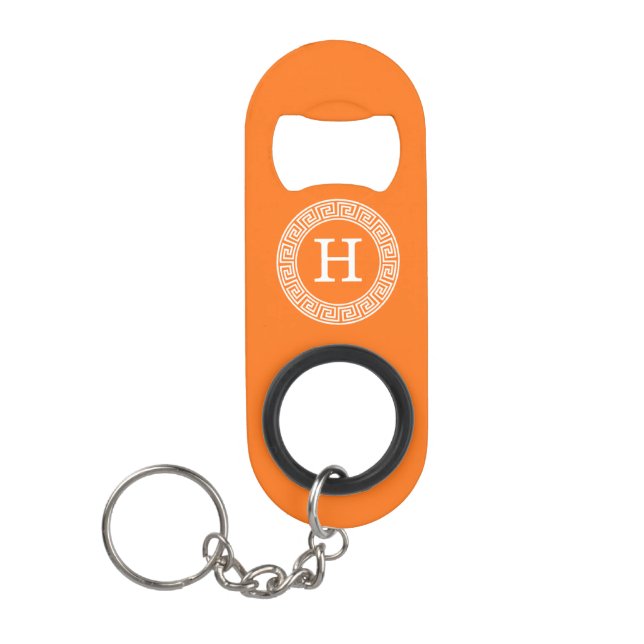 Pumpkin Wht Greek Key Rnd Frame Initial Monogram Keychain Bottle Opener (Front)