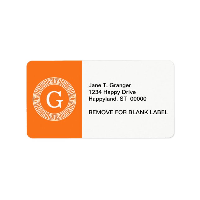 Pumpkin Wht Greek Key Rnd Frame Initial Monogram Label (Front)