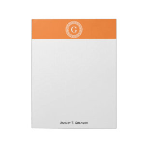 Pumpkin Wht Greek Key Rnd Frame Initial Monogram Notepad