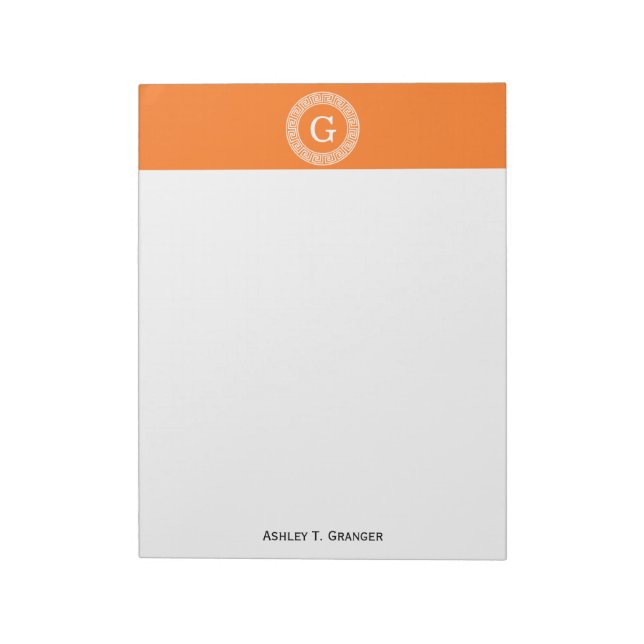 Pumpkin Wht Greek Key Rnd Frame Initial Monogram Notepad (Rotated)