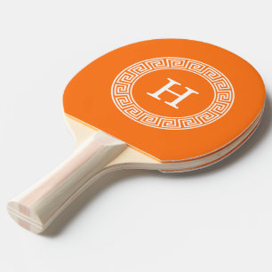 Pumpkin Wht Greek Key Rnd Frame Initial Monogram Ping Pong Paddle