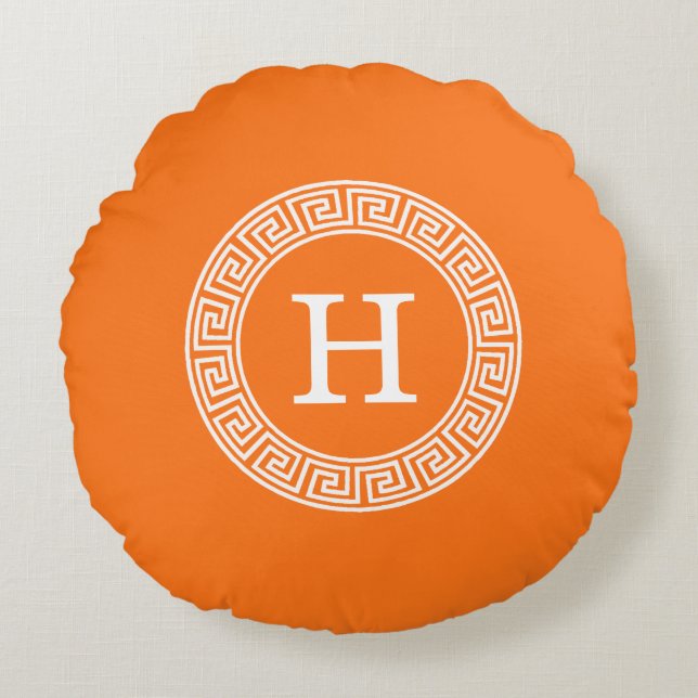 Pumpkin Wht Greek Key Rnd Frame Initial Monogram Round Pillow (Front)