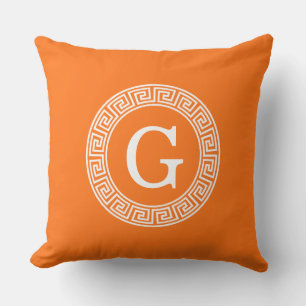Pumpkin Wht Greek Key Rnd Frame Initial Monogram Throw Pillow