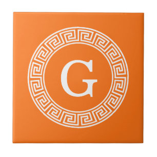 Pumpkin Wht Greek Key Rnd Frame Initial Monogram Tile