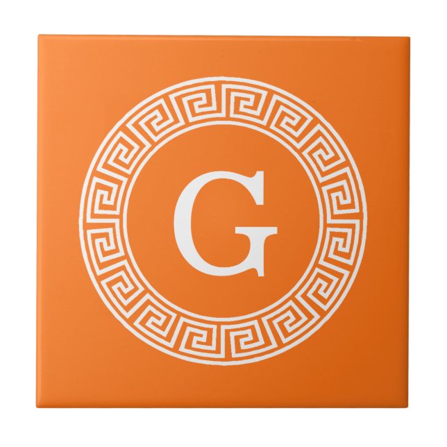 Pumpkin Wht Greek Key Rnd Frame Initial Monogram Tile (Front)