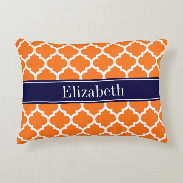 Pumpkin Wht Moroccan #5 Navy Blue Name Monogram Accent Pillow (Front)