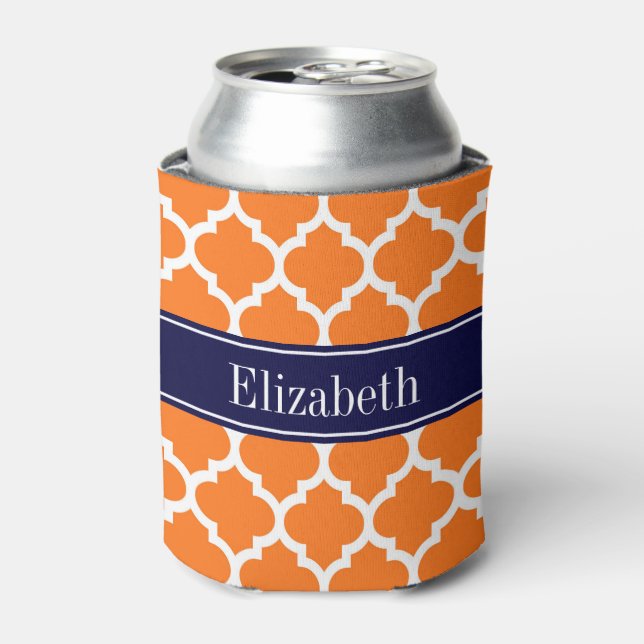 Pumpkin Wht Moroccan #5 Navy Blue Name Monogram Can Cooler (Can Front)