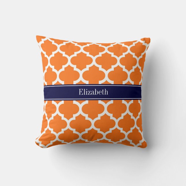 Pumpkin Wht Moroccan #5 Navy Blue Name Monogram Throw Pillow (Front)