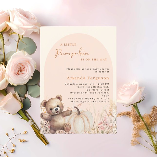 Pumpkin wildflower peach arch teddy Baby Shower Invitation (Creator Uploaded)
