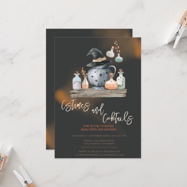 Pumpkin Witch Costumes & Cocktail Black Halloween Invitation (Front/Back In Situ)