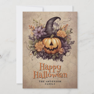 Pumpkin Witch Hat Cobweb Floral Halloween Card