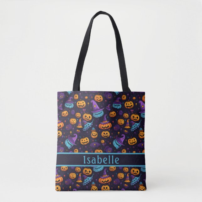 Pumpkin Witch Hat Navy Tote Bag (Front)
