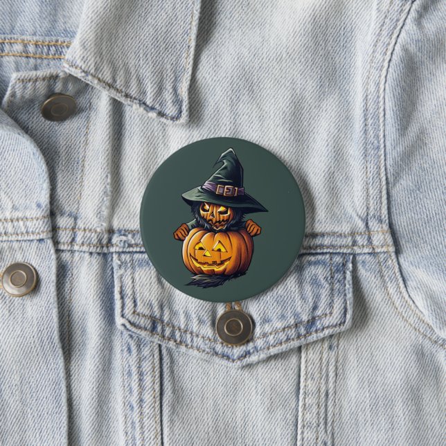 Pumpkin witch in cat costume -  3 inch round button (In Situ)