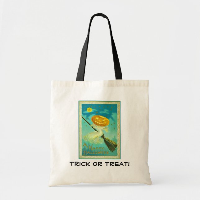 Pumpkin Witch on Broom Trick or Treat Canvas Tote (Front)