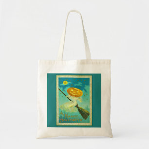 Pumpkin Witch on Broom Trick or Treat Canvas Tote Bag