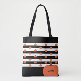 Pumpkin with Black & White Stripes - Personalized Tote Bag