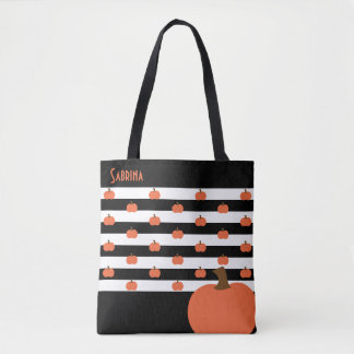 Pumpkin with Black & White Stripes - Personalized Tote Bag
