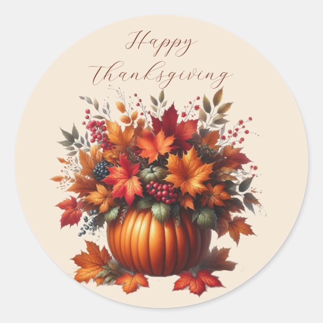 Pumpkin with Fall Leaves-Happy Thanksgiving Classic Round Sticker (Front)