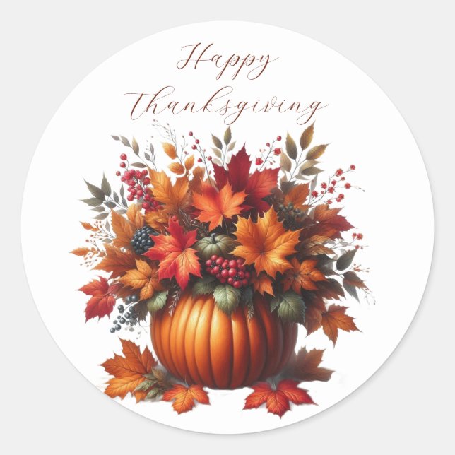 Pumpkin with Fall Leaves-Happy Thanksgiving Classic Round Sticker (Front)